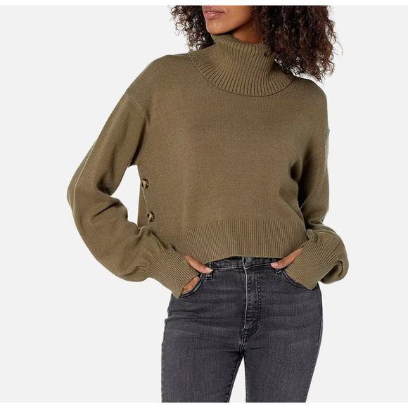 Amazon The Drop Womens Turtleneck Sweater Large Green Cropped Thumbholes Winter - Picture 1 of 8